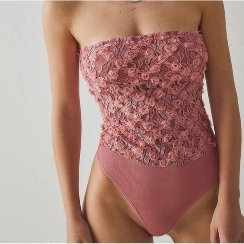 Free People Pink Floral Lace Rosette Bodysuit